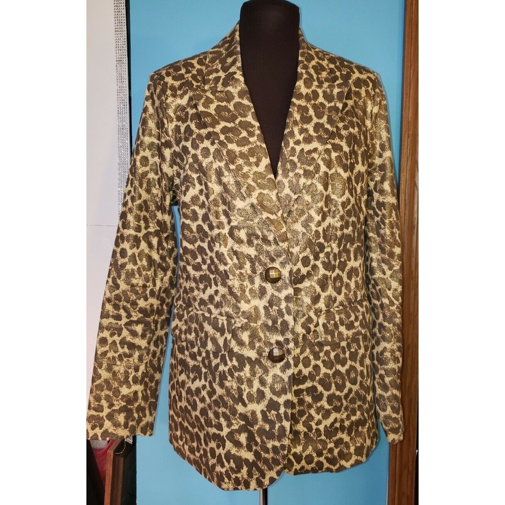 Berek Size Medium Blazer Jacket Gold Brown Metallic Leopard Animal Print Lined